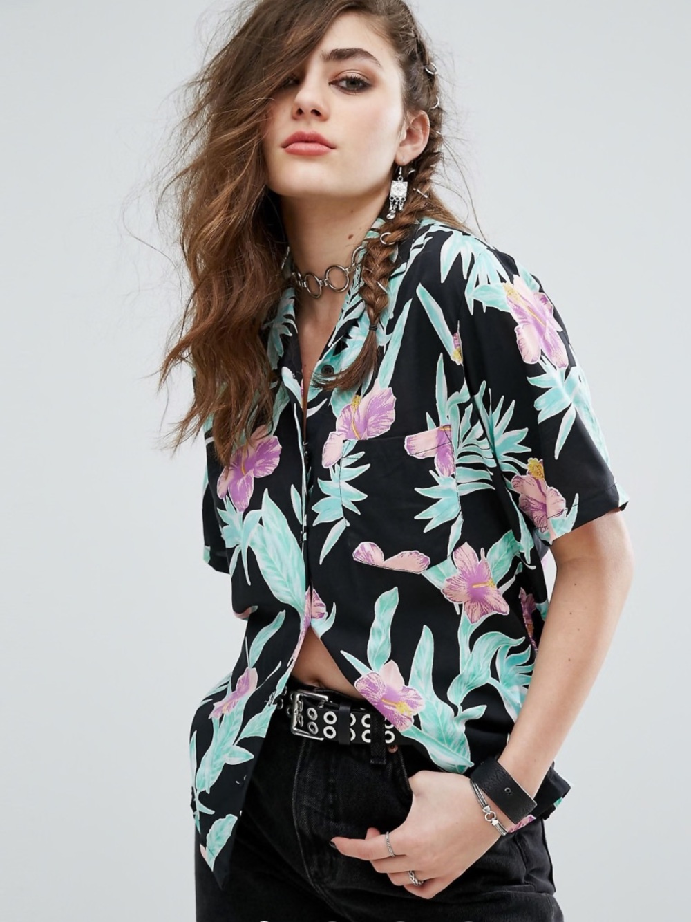 Motel x ASOS Hawaiian Floral Tropical Shirt Black Size S